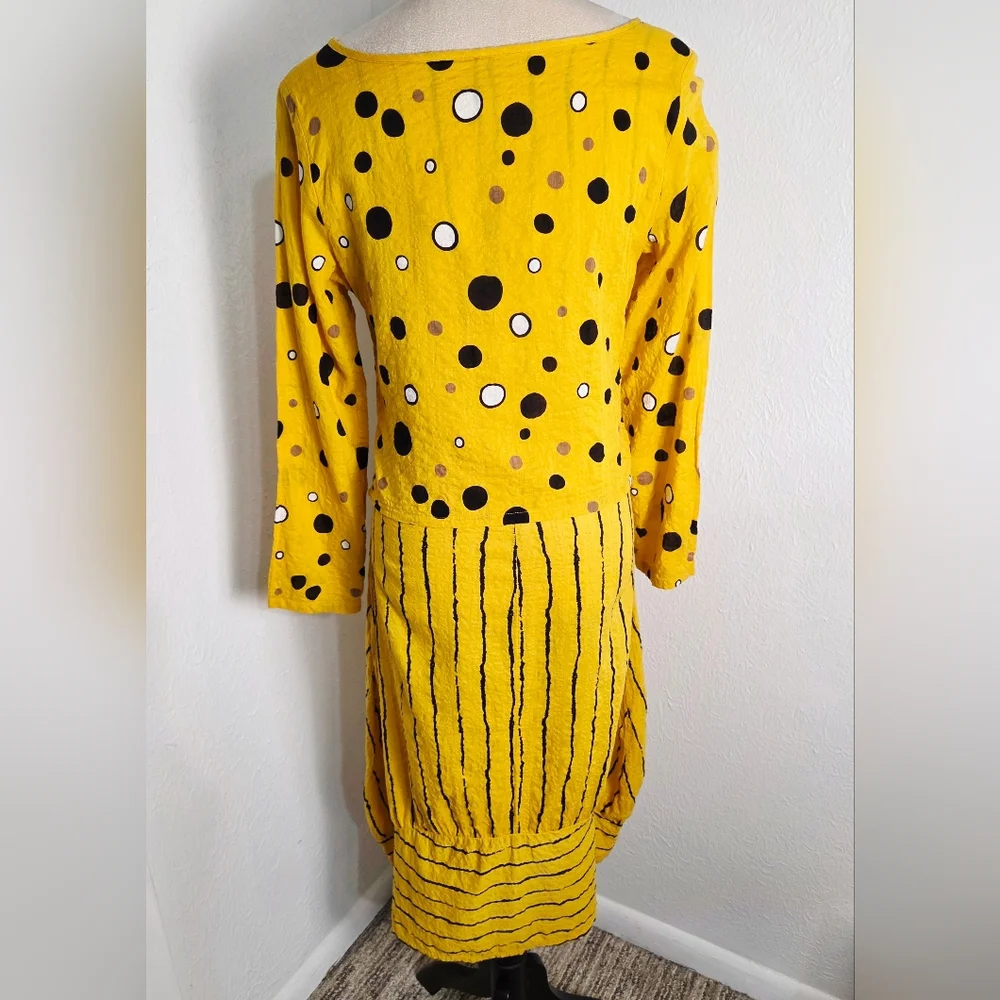 Yellow Long Sleeve Polka Dot & Stripe Midi Dress (fits like M)
